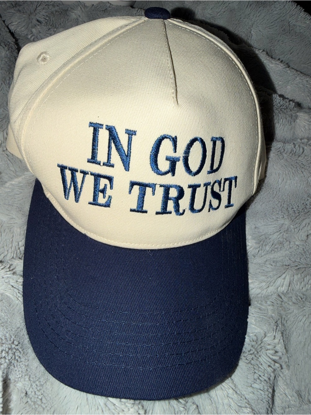 IN GOD WE TRUST Two-Tone Baseball Cap - Navy & Cream nwt